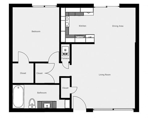 Floor plan for 1 bed, 1 bath, 800 sqft